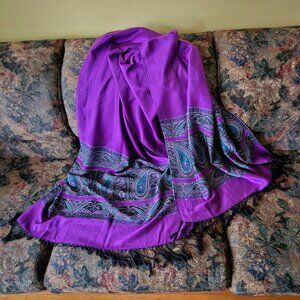 COPY - Purple, dark/medium blues, white, black fringe, cashmere scarf, unisex